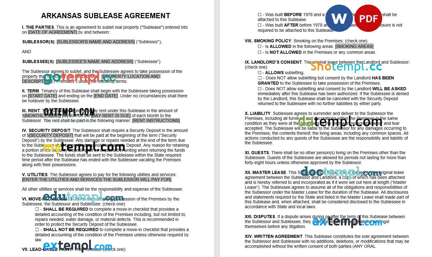 Arkansas Sublease Agreement Word example, fully editable