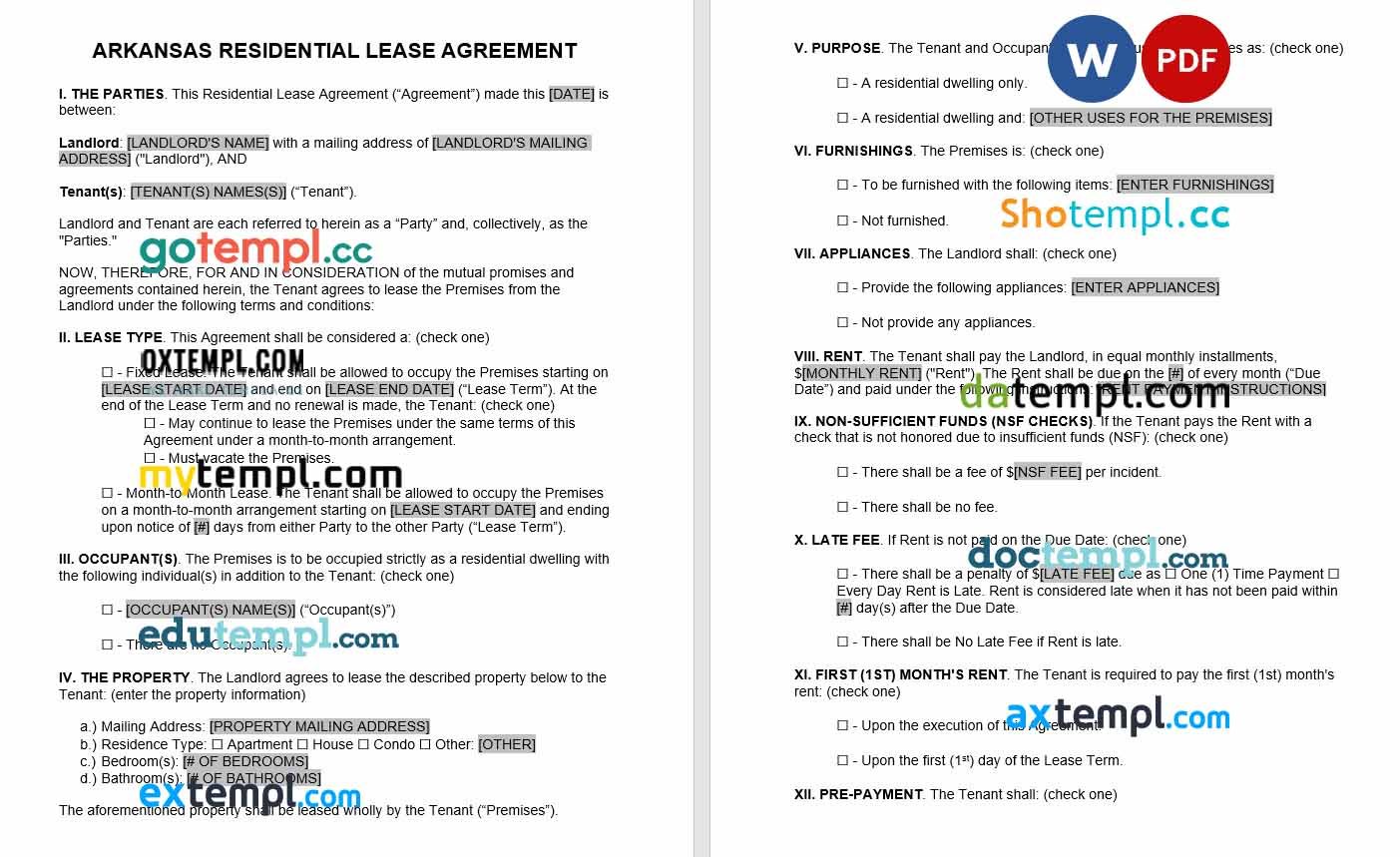 Arkansas standard Residential Lease Agreement Word example, fully editable