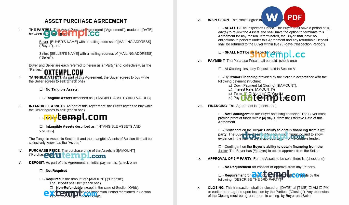 Asset Purchase Agreement Word example, fully editable