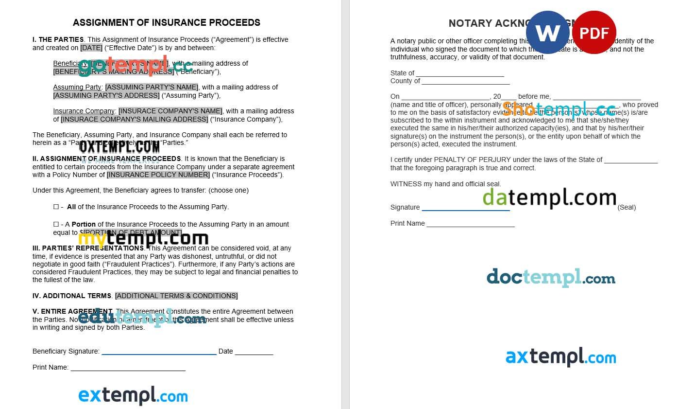 Assignment of Insurance Proceeds Word example, fully editable