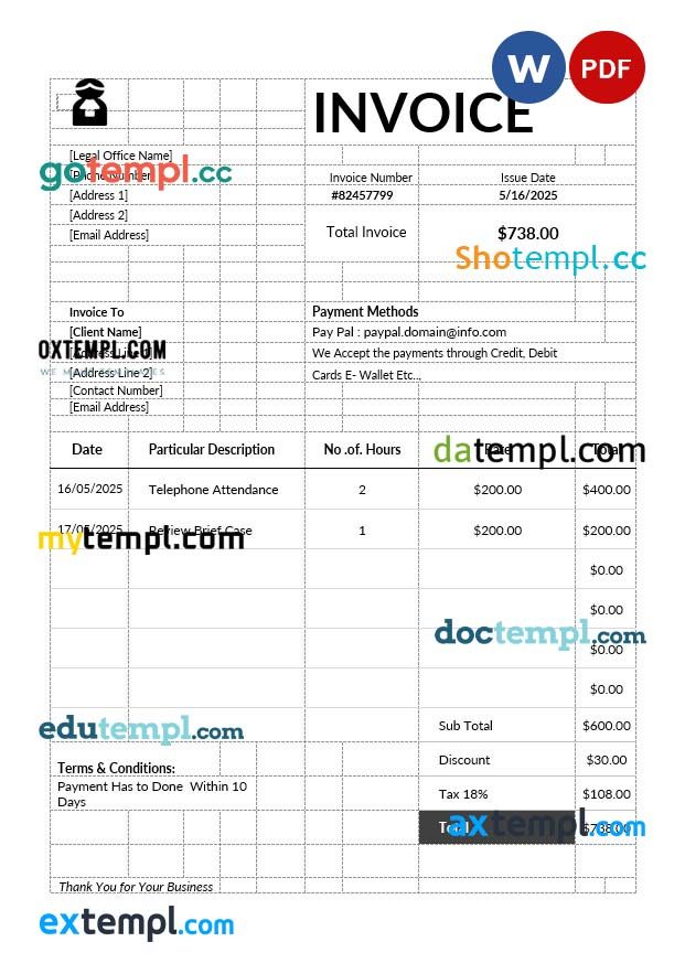 Attorney Invoice example, fully editable