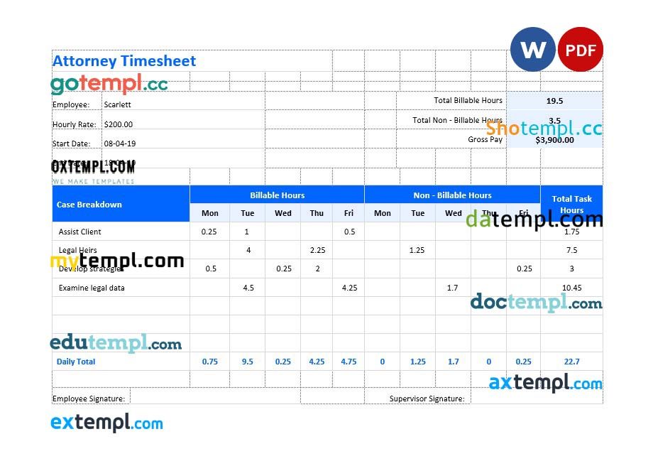 Attorney Time-Sheet example, fully editable