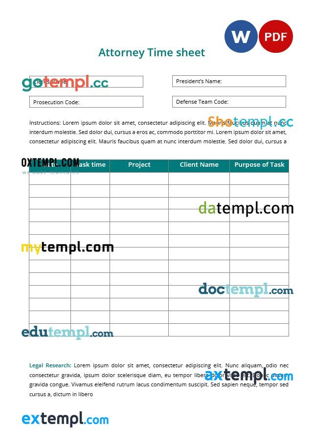 Attorney Timesheet Form example, fully editable