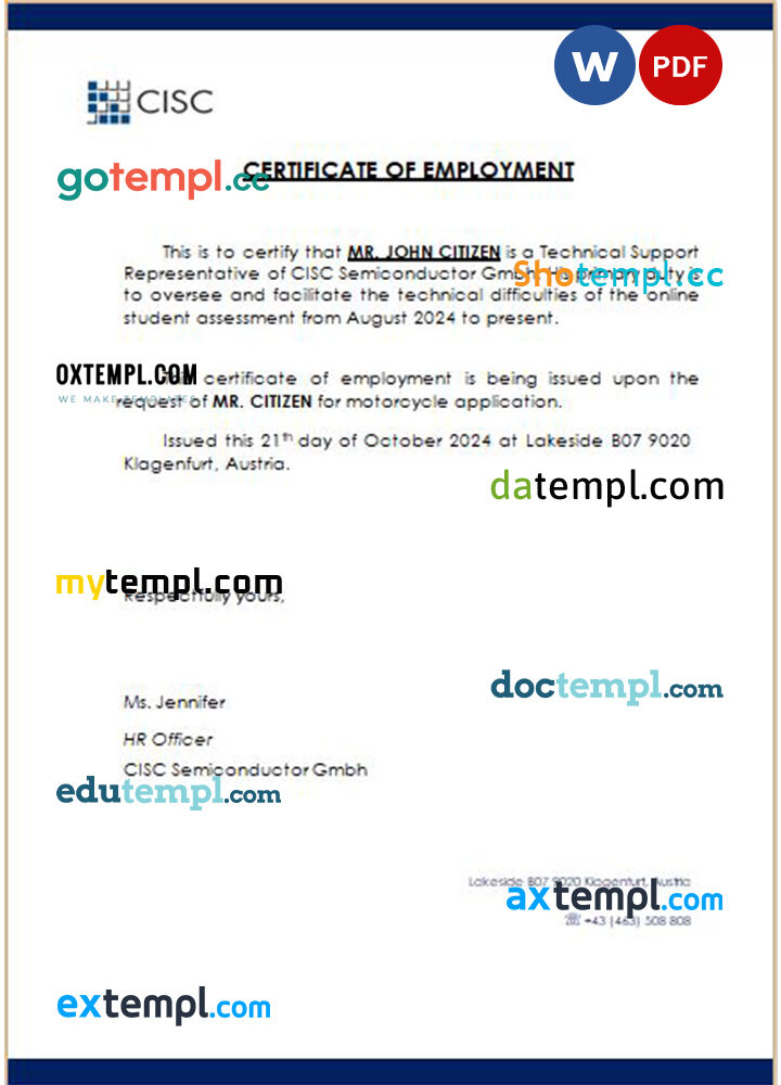 Austria CISC Semiconductor Gmbh certificate of employment Word and PDF download template