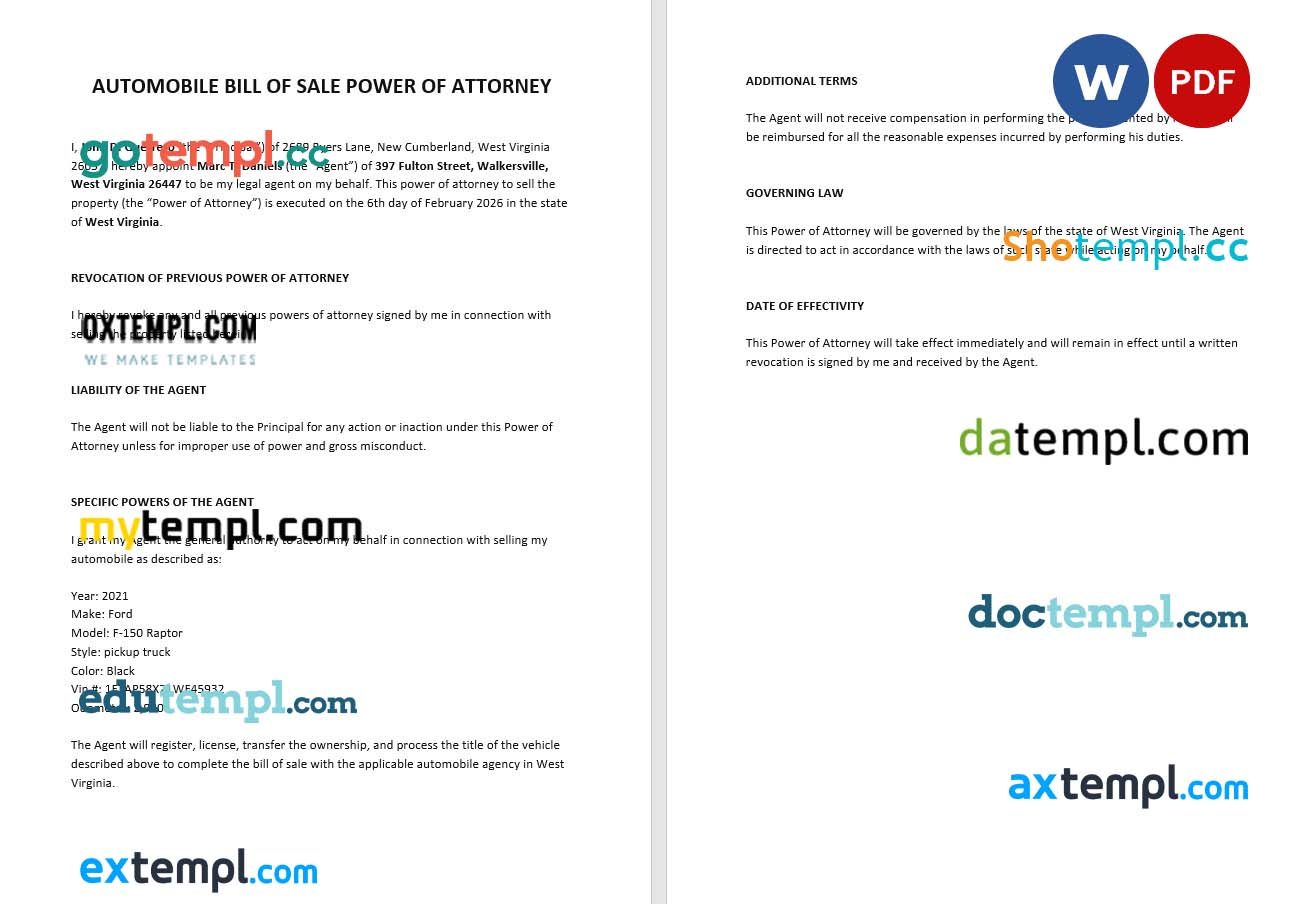 Automobile Bill of Sale Power of Attorney example, fully editable