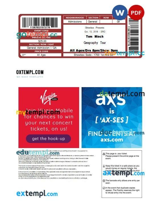 Axs concert e-ticket, Word and PDF download template