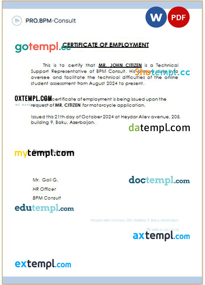 Azerbaijan BPM Consult certificate of employment Word and PDF download template