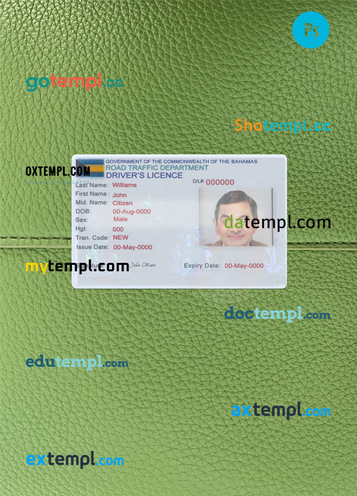 Bahamas driving license editable PSD files, scan look and photo-realistic look, 2 in 1