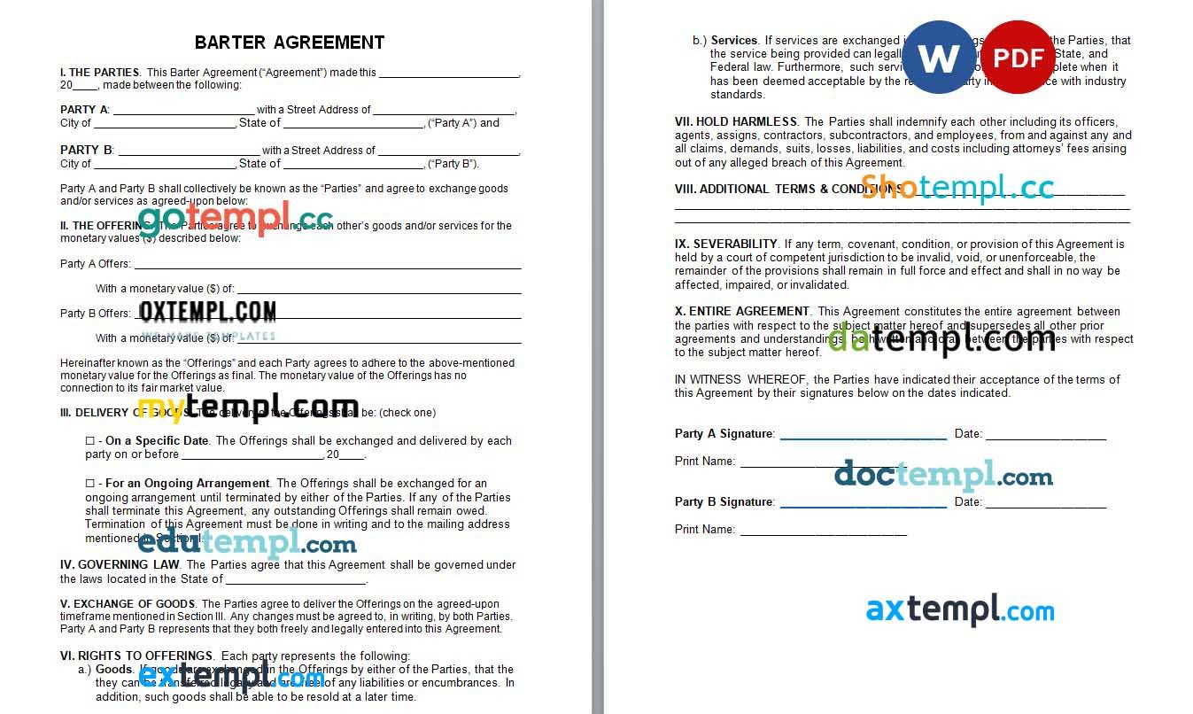 Barter Agreement Word example, fully editable