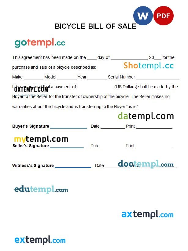 Bicycle Bill of sale Agreement Form Word example, fully editable