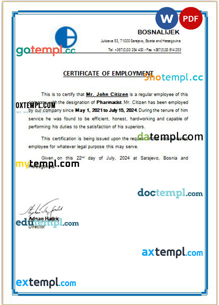 Bosnia Bosnalijek certificate of employment Word and PDF download template