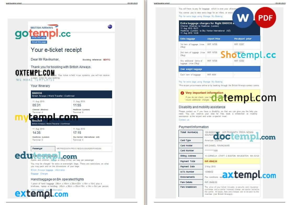 British Airways airplane e-ticket, Word and PDF download template, 4 pages