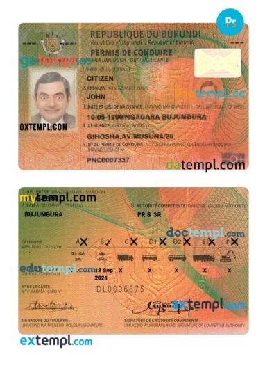 Burundi driving license download example in PSD format