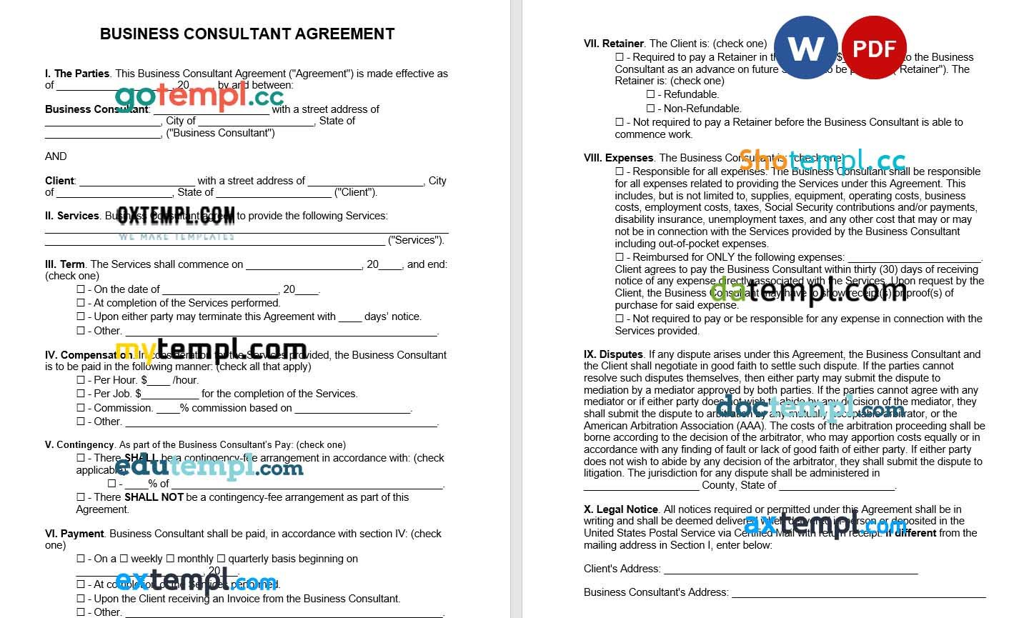 Business Consultant Agreement Word example, fully editable