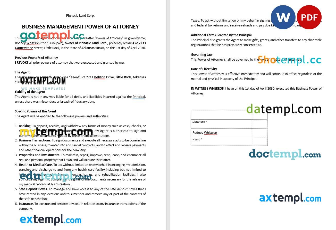 Business Management Power of Attorney example, fully editable