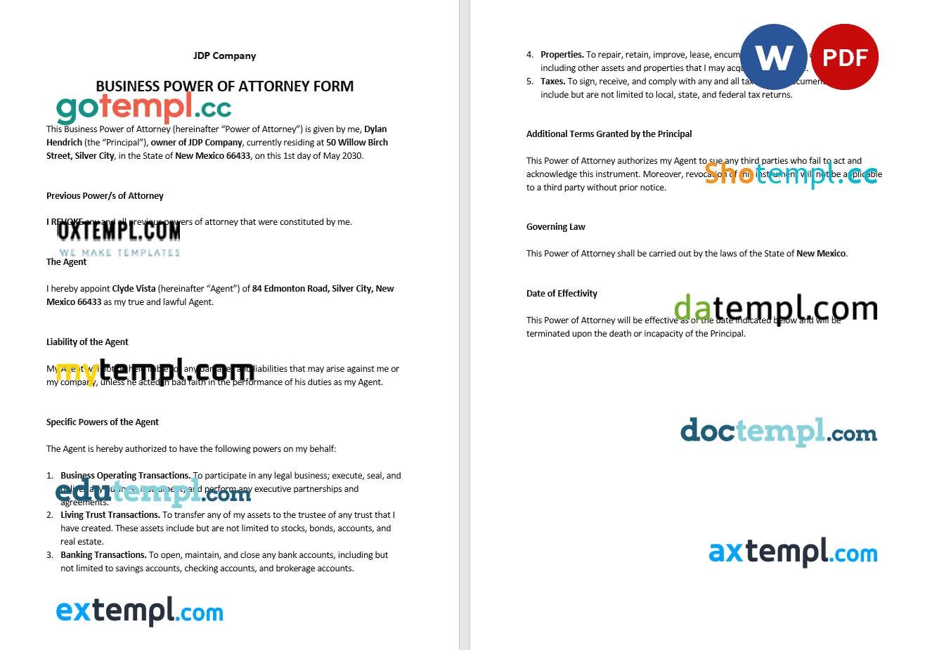 Business Power of Attorney Form example, fully editabl