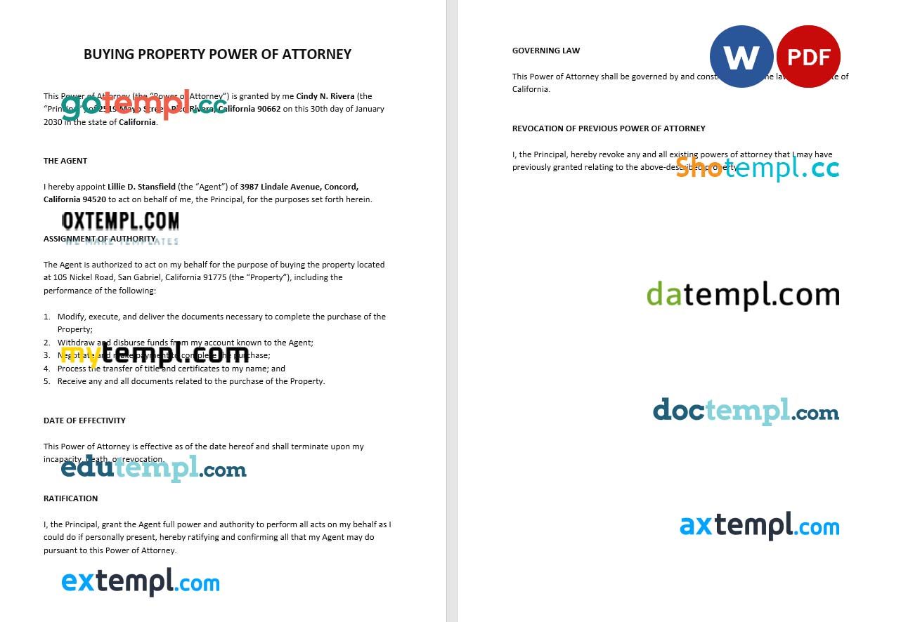 Buying Property Power of Attorney example, fully editable