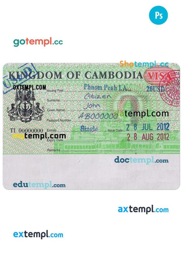 Cambodian entry visa PSD example, fully editable