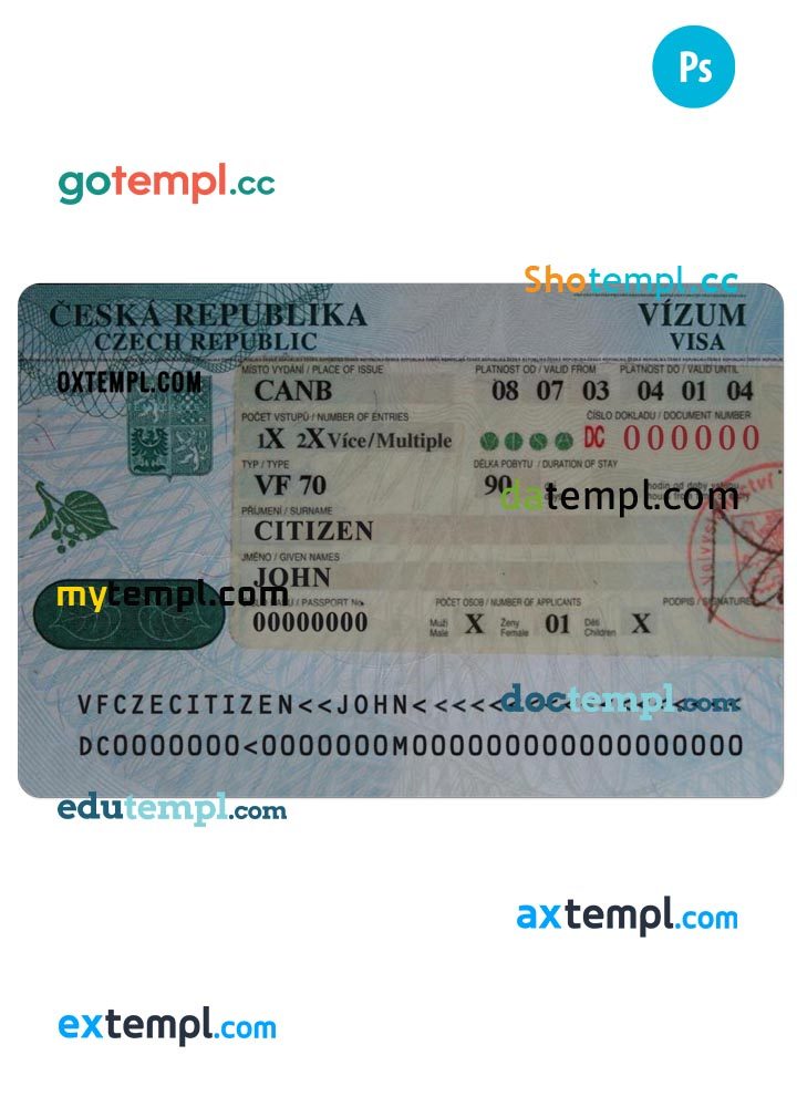 Czech entrance visa PSD example, with fonts