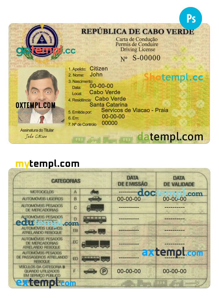 Cabo Verde driving license PSD template