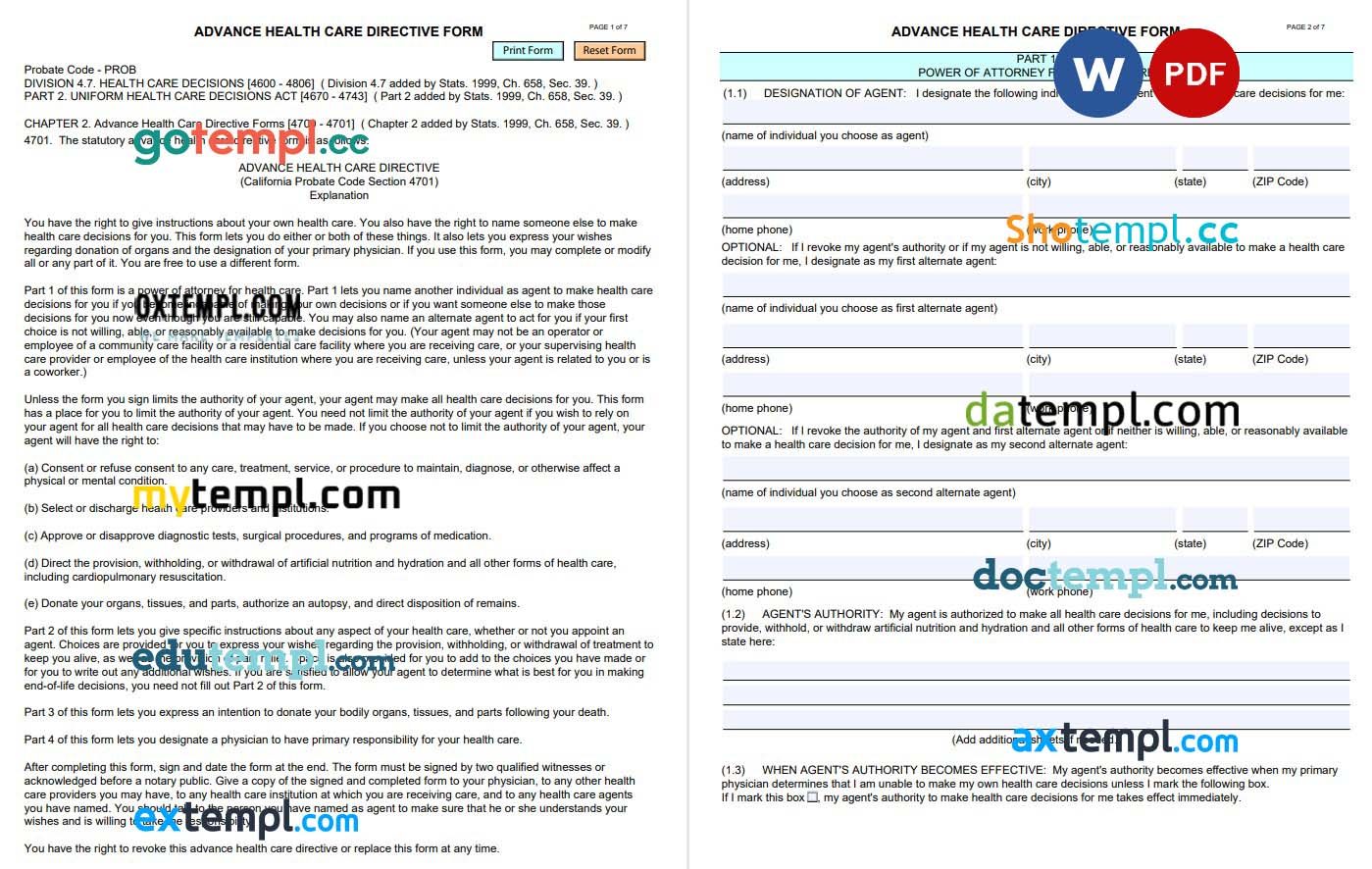 California Advance Health Care Directive Form example, fully editable