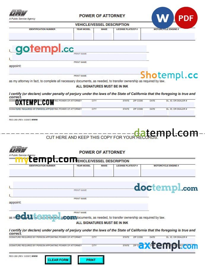 California DMV Vehicle Power of Attorney example, fully editable