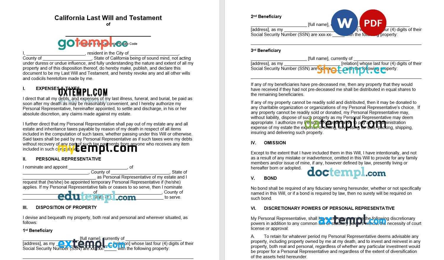 California Last Will and Testament pexample, fully editable