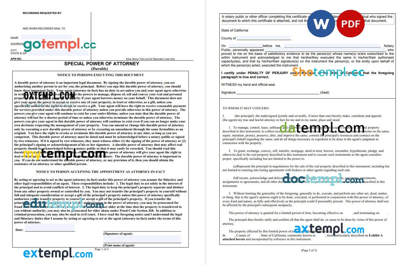 California Limited Power of Attorney example, fully editable