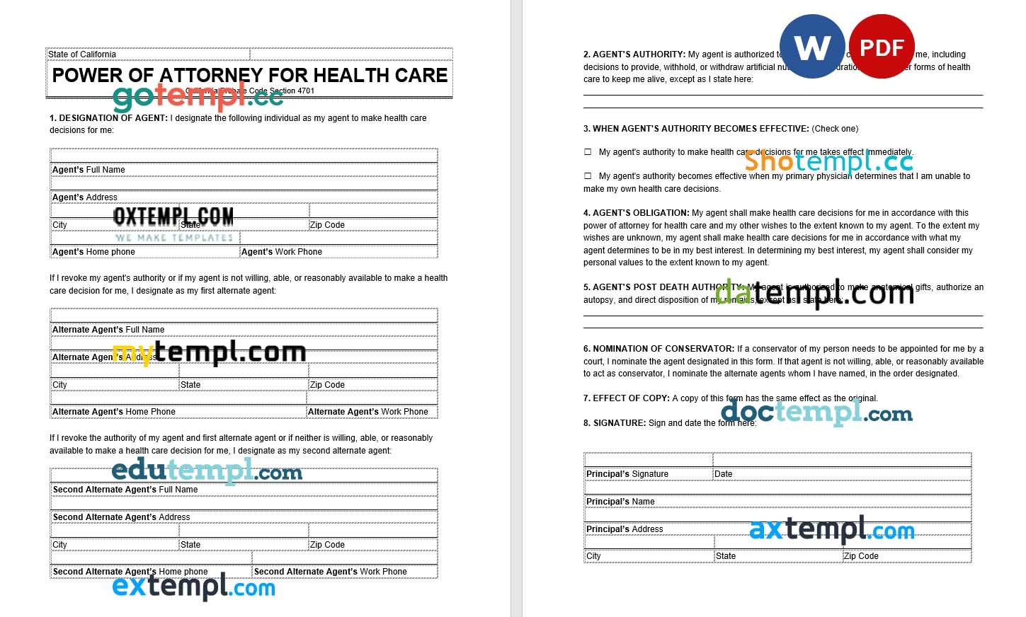 California Medical Power of Attorney example, fully editable