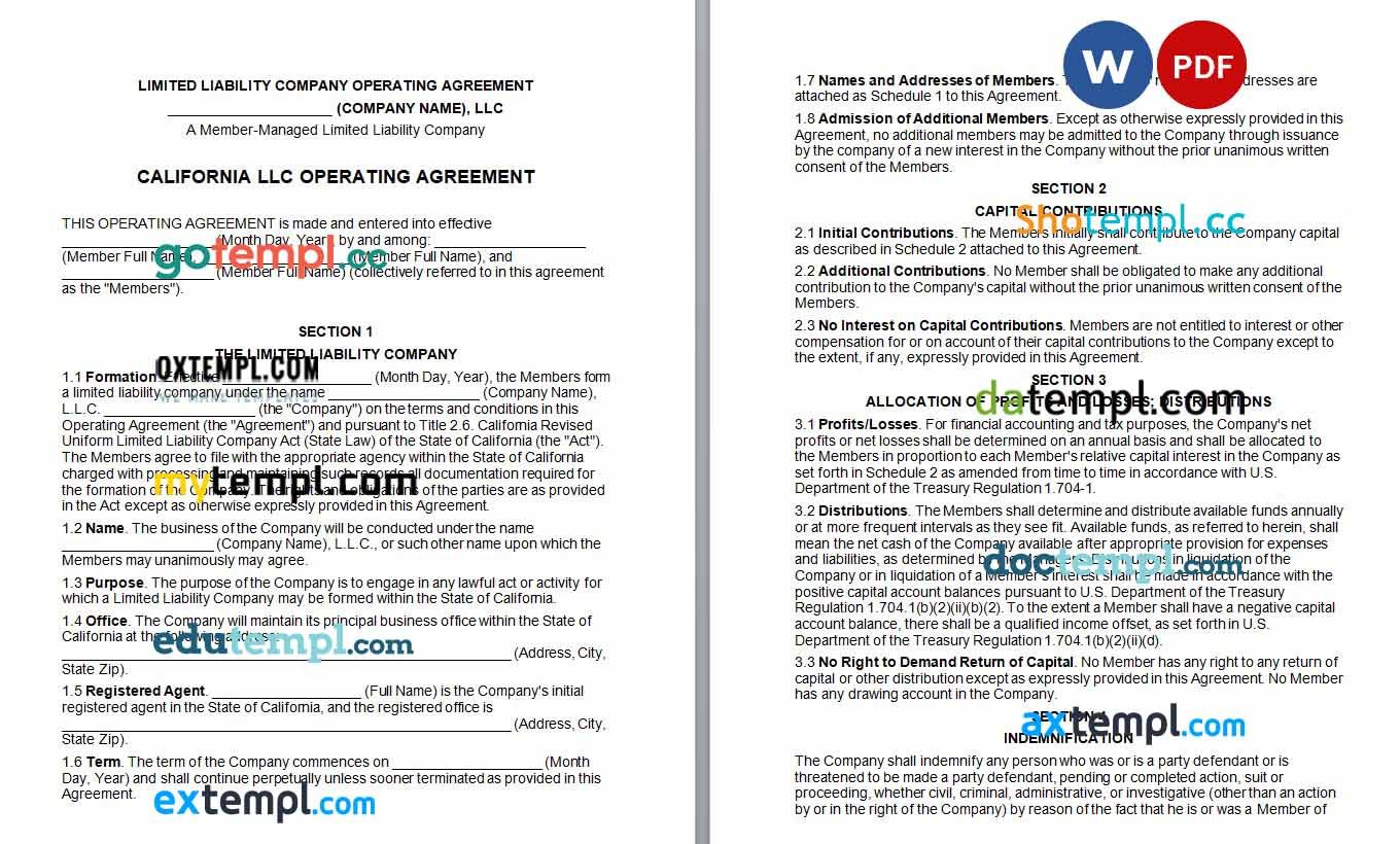 California Multi-Member LLC Operatin Agreement Word example