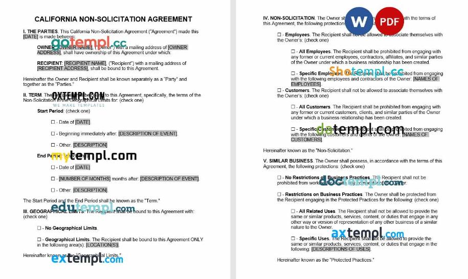 California Non-Solicitation Agreement Word example, fully editable