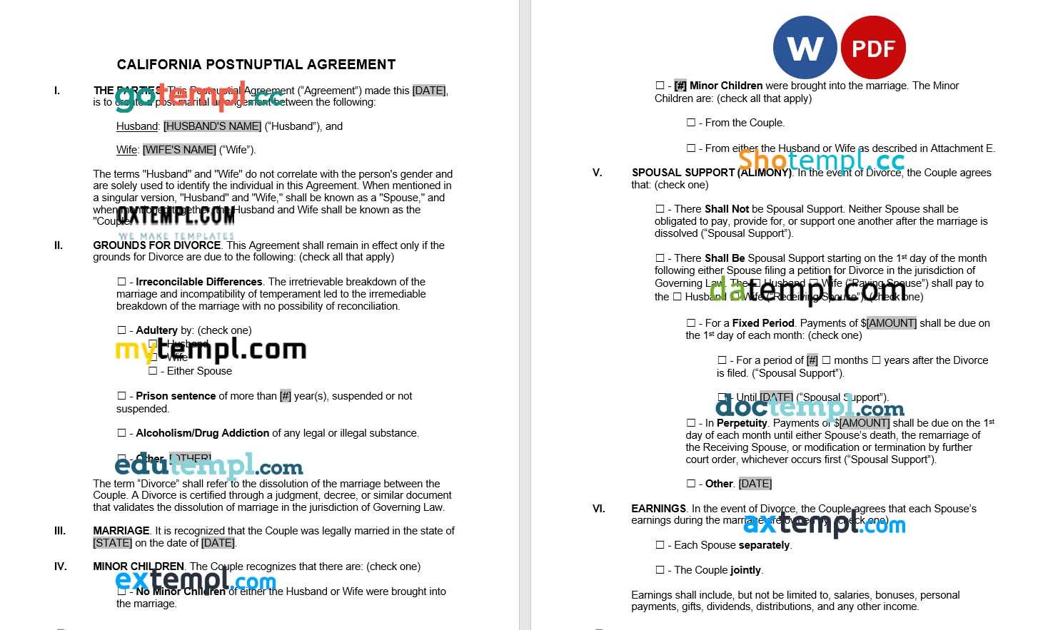 California Postnuptial Agreement Word example, fully editable