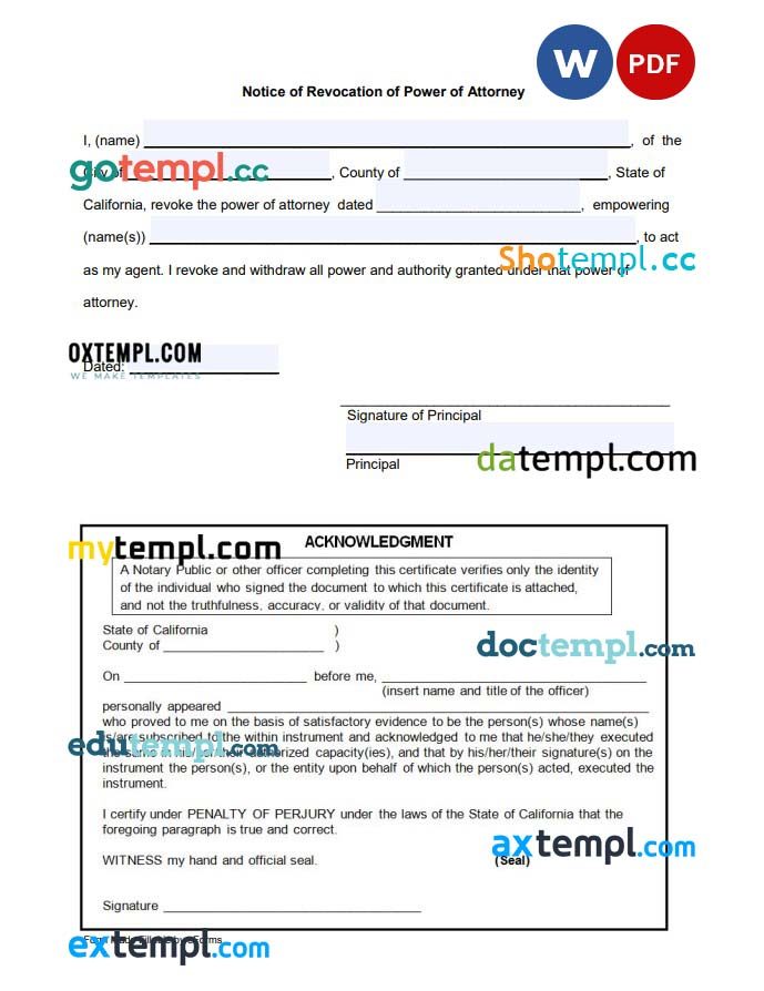 California Power of Attorney Revocation Form example, fully editable