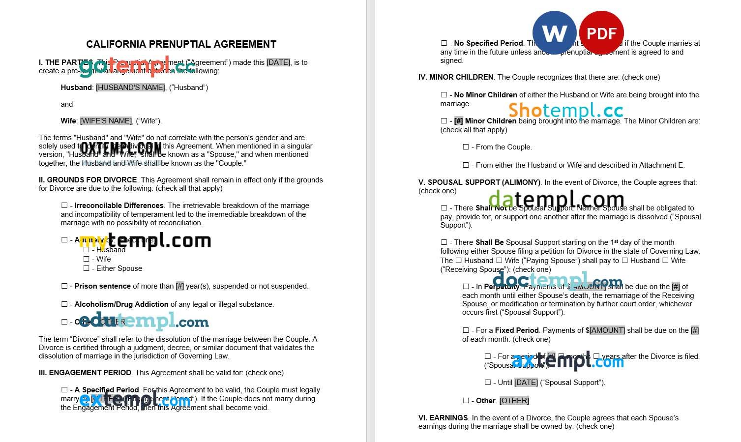 California Prenuptial Agreement Word example, completely editable