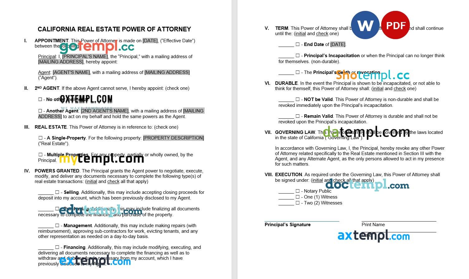 California Real Estate Power of Attorney Form example, fully editable