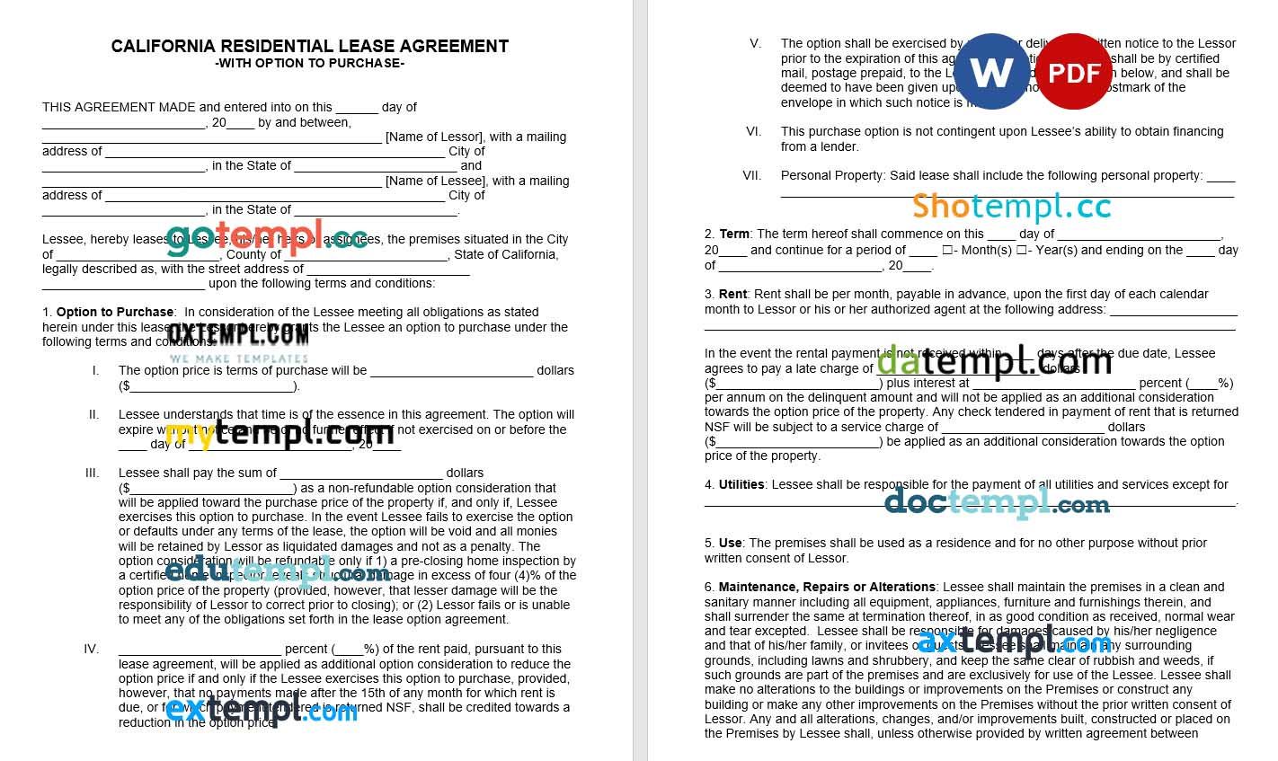 California Residential Lease Agreement with Option to Purchase Word example