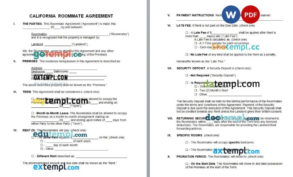 California Roommate Agreement example, fully aditable