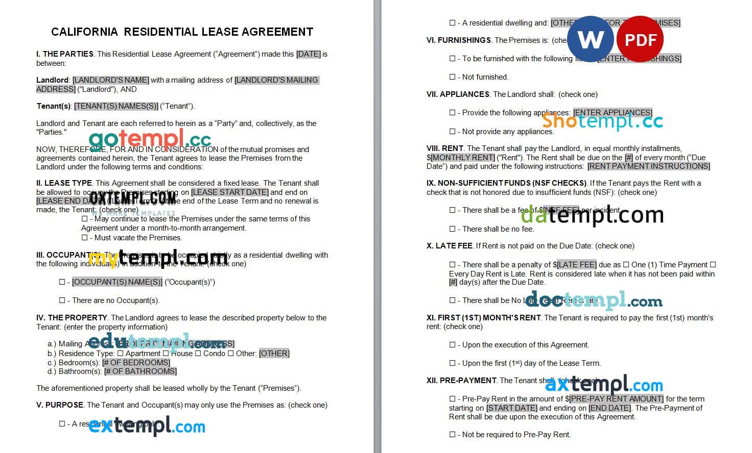 California Standard Lease Agreement example, fully editable