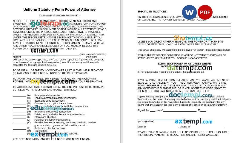 California Statutory Durable Power of Attorney Form example, fully editable