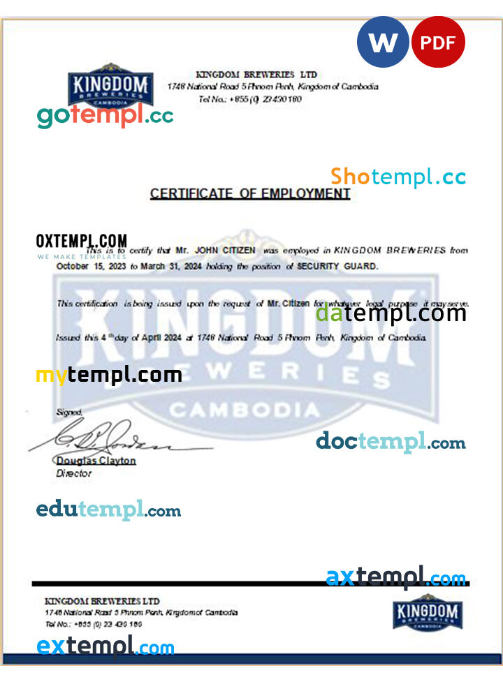 Cambodia Kingdom Breweries Ltd. certificate of employment Word and PDF download template