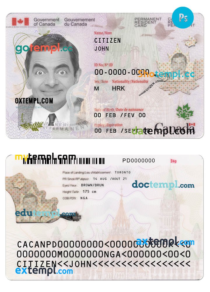 Canada permanent resident card PSD template, version 2