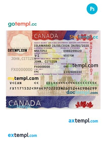 Canada travel visa example in PSD format, 2024 - present