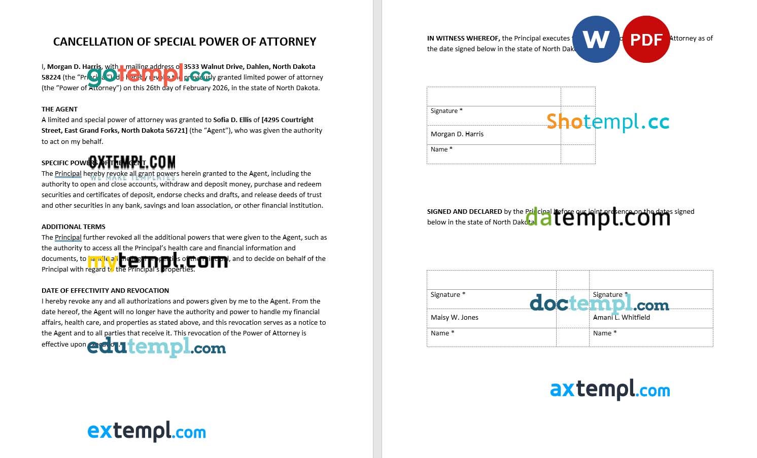 Cancellation of Special Power of Attorney example, fully editable