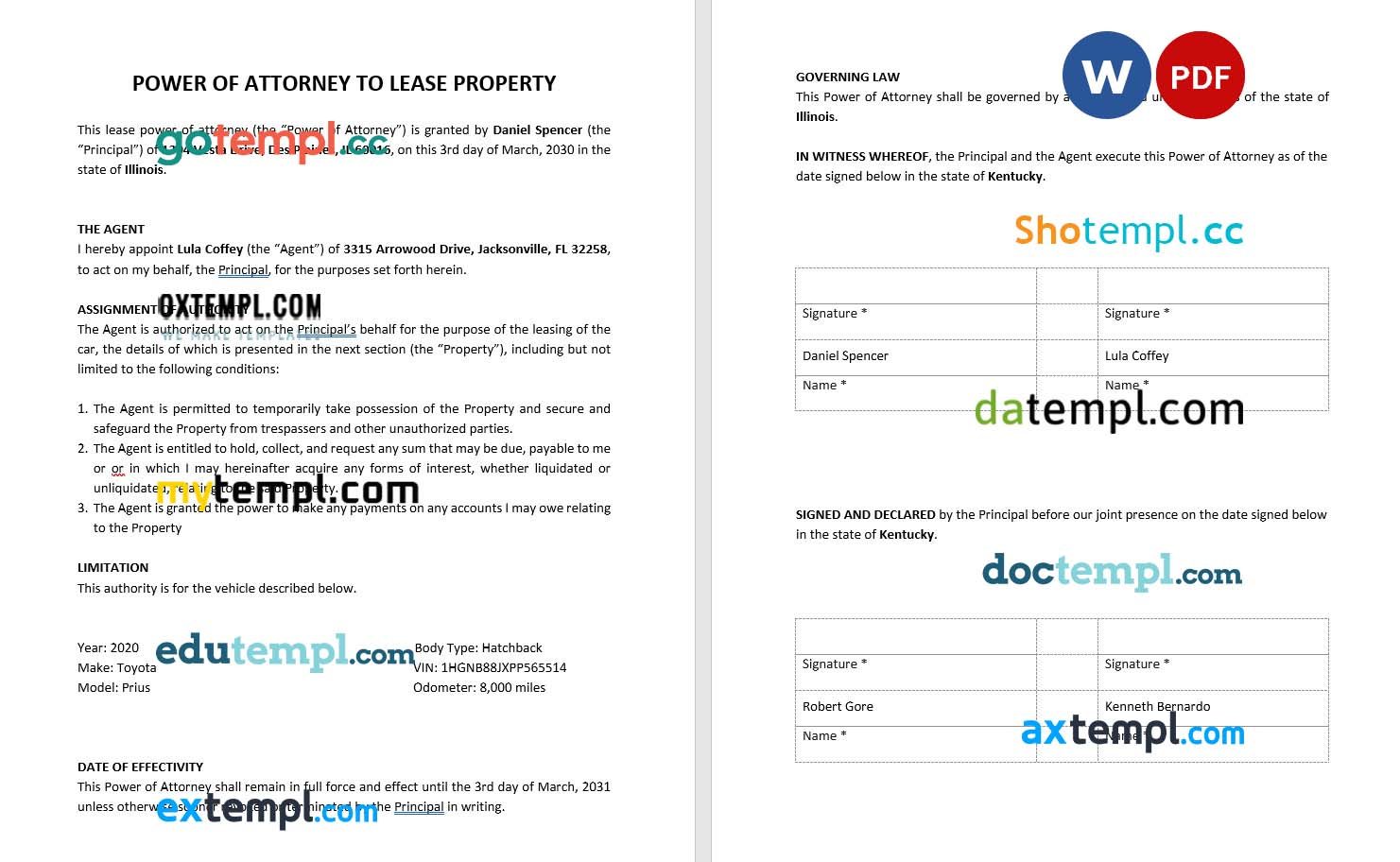 Car Lease Power of Attorney example, fully editable