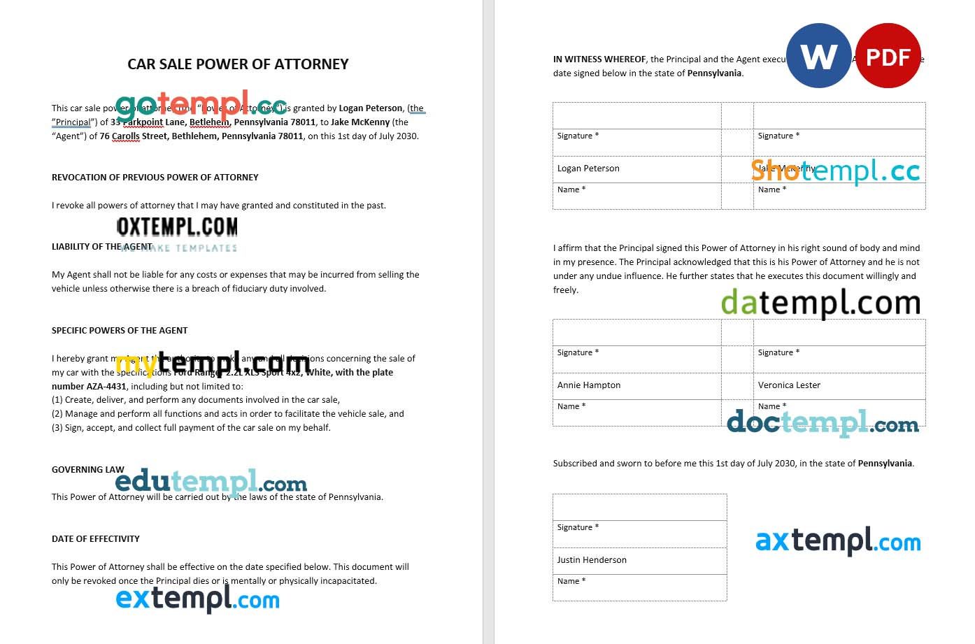 Car Sale Power of Attorney example, fully editable