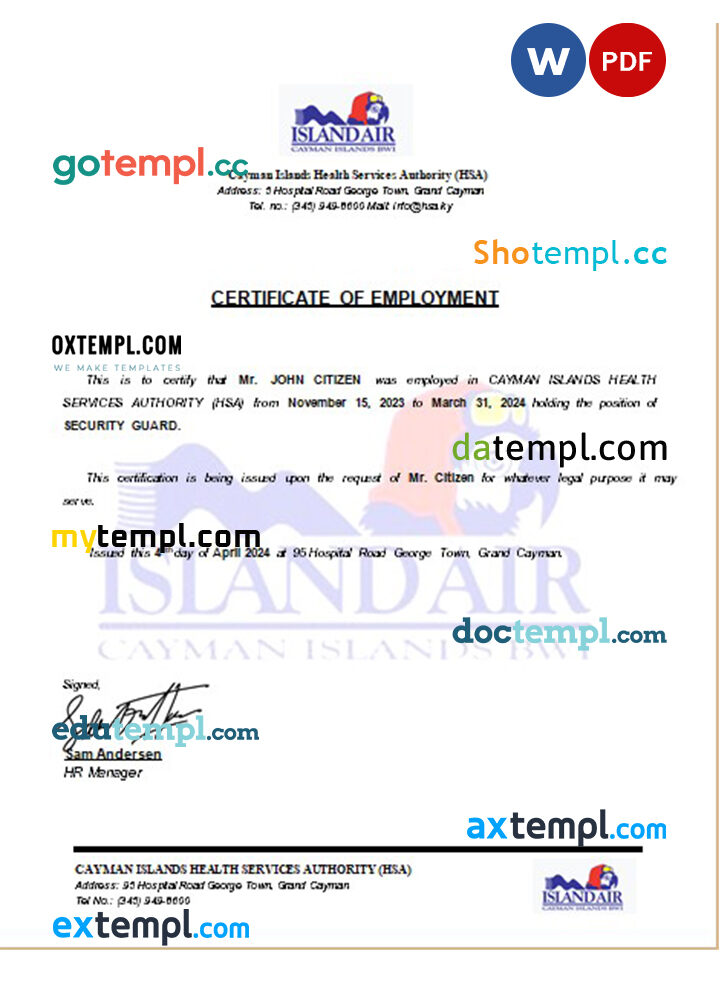 Cayman Island Health Services Authority certificate of employment Word and PDF download template