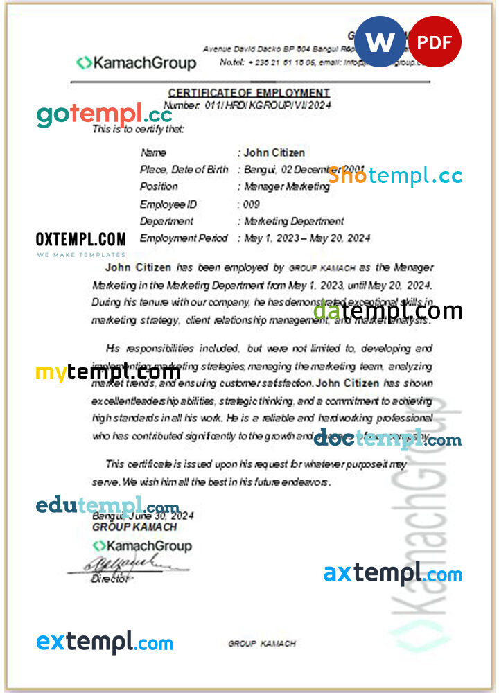 Central Africa Group Kamach certificate of employment Word and PDF download template