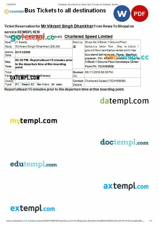 Chartered Speed Limited bus e-ticket, Word and PDF download template