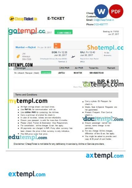 CheapTicket Jet Airways airplane e-ticket, Word and PDF download template