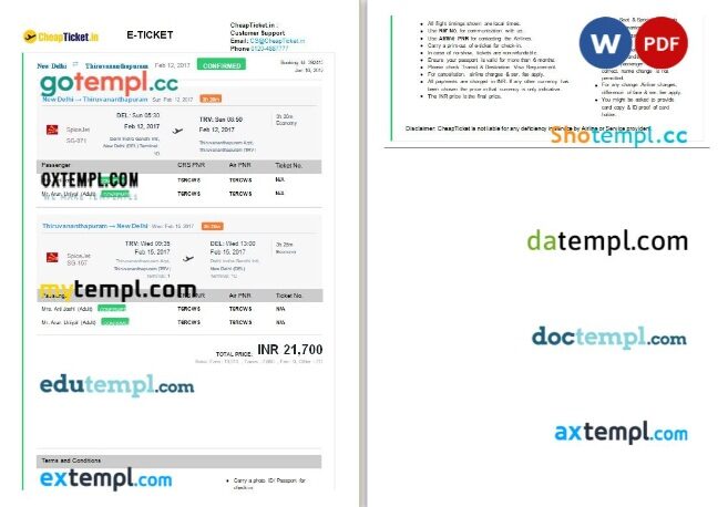 CheapTicket SpiceJet airplane return e-ticket, Word and PDF download template